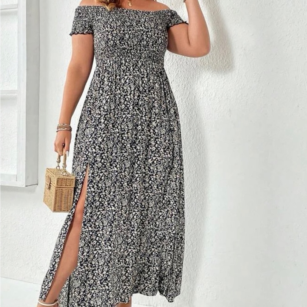 Ditsy floral print off shoulder split thigh dress
